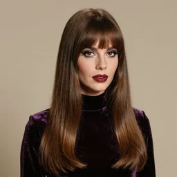 portrait 1 9 6 0 s beautiful mod girl, long straight 6 0 s hair with bangs, wearing velvet, vampire, glam, groovy, by brom, tom bagshaw