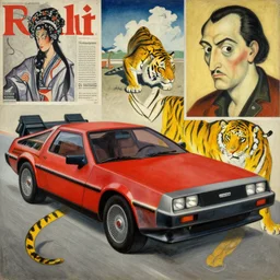 a red delorean and a yellow tiger in ajegunle, painting by hsiao - ron cheng, utagawa kunisada & salvador dali, magazine collage style,