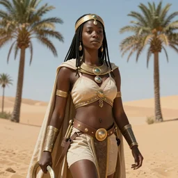 a super detailed image of a fantasy african priestess, △, amazon, barbarian queen, conan, palm trees, dunes, art by artgerm, john singer sargent, deviantart, karol bak, mark brooks, gustave courbet