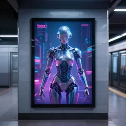 a futuristic cyborg poster hanging in a neon lit subway station