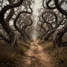 A dirt path through giant twisting briars and thorns, game art matte painting hyperdetailed, artstation, cgsociety, 8k, surreal dream landscape