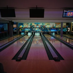 bowling alley arcade, vhs footage, weird lighting