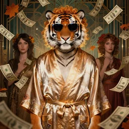 portrait, anthropomorphic tiger, silk bathrobe, curly hair, electric sunglasses, surrounded by floating autumn dollar bills, fantasy, detailed, intricate, luminescent, elegant, coherent, by mandy jurgens, hannah yata and kay sage, donato giancola, detailed, artstation, cinematic lighting, artdeco, art deco outrun aesthetic