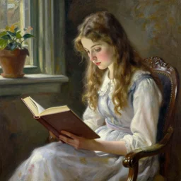 a stunning painting of girl reading a book by thomas kinkade and john aktinson grimshaw, matte painting, moody palette