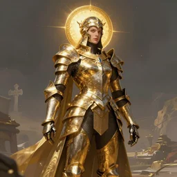 armored valkyrie with renaissance halo, gold lighting, cinematic, concept art, elegant, powerful, digital painting, sharp details