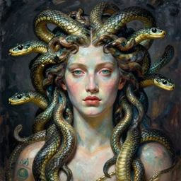 portrait of medusa with many pythons by greg rutkowski in the style of egon schiele