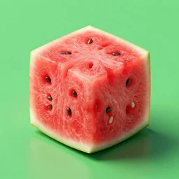studio shot of an cubemellon a cube with watermelon texture, isometric perspective, green background, product shot, 8 k octane render, surreal, ultra - detailed, beautiful, masterpiece