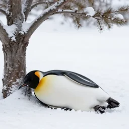penguin lying and sleeping underneath a tree, snowy winter landscape