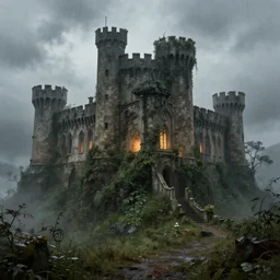 matte painting, castle, dramatic landscape, overgrown, cinematic, overcast, interior light, rain, slight fog, artstation
