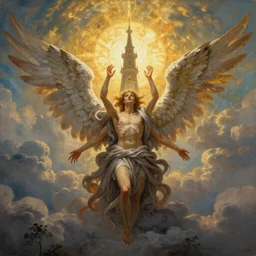 Tower made out of angel wings and arms ascending from hell to heaven, backlit by golden sun, realistic painting, classical painting, high definition, digital art, matte painting, vibrant, mystical, fantasy art, very detailed, realistic