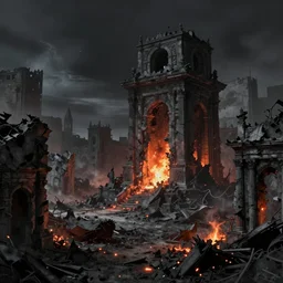 glistering embers in the ashen remains of the capital city, artwork by Raphael Lacoste and Ted Nasmith, 8k resolution, trending on art station