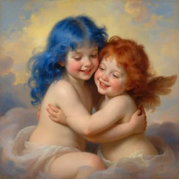 a young blue haired girl hugging a young ginger haired girl and smiling, beautiful, innocent, angelic, happy, warm, soft lighting, in the clouds, renaissance, beautiful, cherubic, oil painting