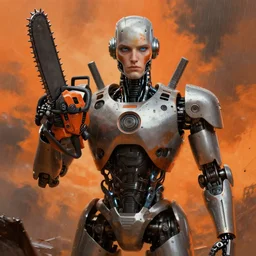 an portrait of an robot humanoid with a chainsaw as an arm, scrap backround, clouds, rain, orange, digital painting, artstation, concept art, donato giancola, Joseph Christian Leyendecker, WLOP, Boris Vallejo, Breathtaking, 8k resolution, extremely detailed, beautiful, establishing shot, artistic, hyperrealistic, octane render, cinematic lighting, dramatic lighting, masterpiece, light brazen, extremely detailed and beautiful face, centered, smooth, sharp focus
