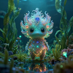 cute creature in a lush underwater vegetation, water reflection, night, backlit, bioluminescent bioluminescent bioluminescent : : by michal karcz, daniel merriam, victo ngai and guillermo del toro : : ornate, dynamic, particulate, intricate, elegant, highly detailed, centered, artstation, smooth, sharp focus, octane render, 3 d