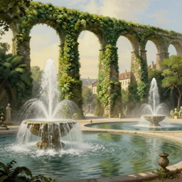 colonial fountains of water flooding a town square, stoic, archways made of lush greenery, aqueducts, light dust, magnificent, hyperdetailed, theatrical, close up, masterpiece, painted by jean honore fragonard and greg rutkowski