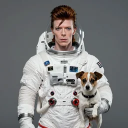 david bowie as a socialist realism style spaceman. laika the dog is with him.