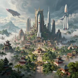 a beautiful and highly detailed digital art of nepal in science fiction movie, detailed high buildings and rockets, nepali architecture buildings, futuristic spaceships, swirling mist, lush forests, intricate details, epic scale, insanely complex, 8 k, sharp focus, hyper realism, fantasy landscape, psychedelic, by caspar friedrich,