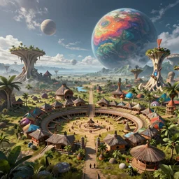 a beautiful hyperrealistic detailed digital render of an indigenous settlement on a strange and colorful planet by grimshaw, by foss, by brom, epic scale, pristine, intricate, multiple wide angles, trending on artstation, volumetric lighting, micro details, hdr, 8 k
