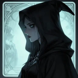 side portrait, dark witch with black hood and evil eyes, gloomhaven, soft, smooth, luminescent, art nouveau tarot, backlit glow, colorful swirly ripples, gaudy colors, aesthetic octane render, unreal engine, 8 k, by artgerm, greg rutkowski, alphonse mucha