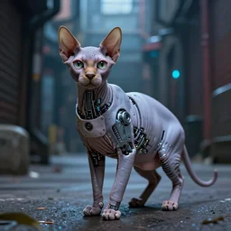 a sphynx with robotic parts cat, in a cyberpunk alleyway by daniel gerhartz