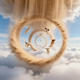 a lsd spiral within a dream, within another dream, that is on top of another dream of clouds, that has layers of puppies raining from the sky, and billions of grains of sand blowing across the image