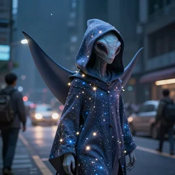 cgi hyperintelligent ethereal manta ray alien from beyond the stars in the middle of a busy road, wearing an odd hooded cowl, with fairy lights inside the fabric like shimmering stars, cgi, proper anatomy, sci fi fantasy, ultrarealism, pixar, trending on artstation