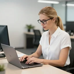 a woman in a white short sleeved blouse working with a laptop inside a office, tied blonde hair, glasses, highly detailed, realistic, - n 9