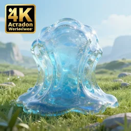 render of one huge fantasy transparent translucent bluish glass - slime in the meadow. fantasy, high details, masterpiece, cgsociety, octane render, 8 k, volumetric lighting, photorealism, translucent raytracing, artstation contest winner