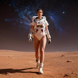 a wide angle shot from below of a female astronaut with an athletic feminine body walking with swagger towards camera on mars in an infinite universe, synthwave, digital art