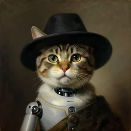 a robot cat wearing a hat, oil painting, atmospheric lighting, highly detailed rembrandt van rijn, aert de gelder, esaias van de velde