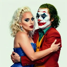 lady gaga as harley quin hug joaquin phoenix joker, pop art, pixel, ultrarealistic digital art, concept art, aesthetic details, random anatomy features, random object position, smooth painting, intricate details, sharp focus, three colors, classic, paper border, 4 5 mm, 4 d, watercolor pencil + ink drawing, art by mimmo rottela and bengus and banksy