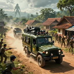 a militarized police vehicle riding through a kerala village, troops searching the area, furious action scene, an epic fantasy, dramatic lighting, cinematic, establishing shot, extremely high detail, photorealistic, cinematic lighting, artstation, matte painting, octane render, by simon stalenhag, shadow of the tomb raider, diorama