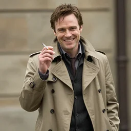 photorealistic dslr photography of charismatic paul blackthorne as harry dresden posing as a charismatic smiling thief, with a light brown trench coat and a cigarette, in dresden files movie, full hairs, super detailed, hd