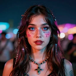 perfectly centered portrait photograph of coachella influencer with code coming out of her eyes, detailed, ambient lighting, hyper realistic, pop art style, artstation, featured on z brush, 3 5 mm film grain