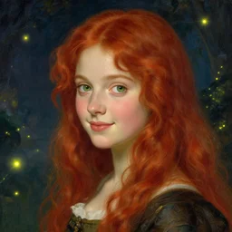 sharp, intricate fine details, breathtaking, digital art portrait of a red haired girl with long hair and green eyes softly smiling, in a dreamy, mesmerizing scenery with fireflies, art by elisabeth vigee le brun
