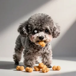 a cute frail grey hairless  toy poodle with one white eye eats nuggets