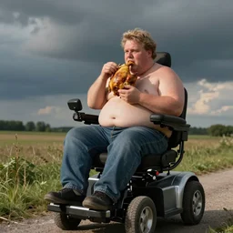 morbidly obese geert wilders sitting in a mobility scooter eating a whole chicken