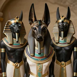 portrait photography of anubis jackal with humane face, goddess black oni african face, ra anubis, looking towards the camera. egyptian, afro style, anubis family, egyptians worshipping them. high details, humanoid demigod.