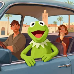 kermit inside a car, wlop, mercedes, moroccan city, mosque, palm trees, redneck country, style in digital painting, concept art, smooth illustration, by ruan jia and mandy jurgens and william - adolphe bouguereau, artgerm