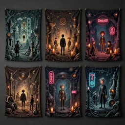 tapestries of dreams, ultra detailed, dark, steampunk, moody, candles, neon signs, infographic style, characters from machinarium, by don bluth, trending on artstation, octane render