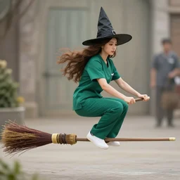 a nurse with long brown hair and wearing green scrub pants riding a broomstick like a witch
