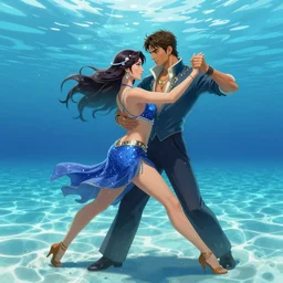 semi realistic portrait  Salsa Dancing  inside clear blue ocean water  in blade and soul spinoff by  Hyung-tae Kim and by Artgerm Lau , color overlay, rim light and highlights ,   Gesture draw, Salsa Social Dance, couple, Salsa tricks, WLOP,  Hyung-tae Kim, Rossdraws, Gesture draw,  James Jean, Andrei Riabovitchev, Marc Simonetti, and Sakimichan, trending on artstation