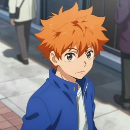 orange - haired anime boy, 1 7 - year - old anime boy with wild spiky hair, wearing blue jacket, shibuya street, bright sunshine, strong lighting, strong shadows, vivid hues, sharp details, subsurface scattering, intricate details, hd anime, high - budget anime movie, 2 0 2 1 anime