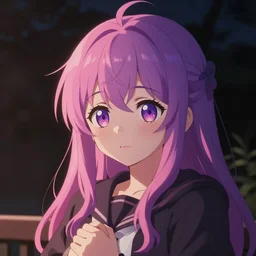 aesthetic, e - girl, anime cosplay, cute, adorable, 4 k, hyper realistic, purple - pink hair, warmth, night - time, dark colors and hightlights, mood