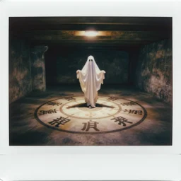 polaroid of a basement, poltergeist, liminal, hidden ghost, ceremonial circle on the floor.