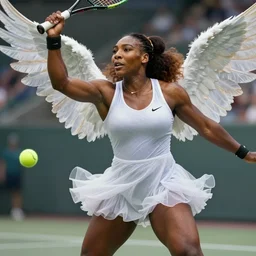 Portrait of Serena Williams as Nike Goddess playing tennis, wings, luxuriant, dreamy, eternity, romantic, strong pose, highly detailed, in the style of Franz Xaver Winterhalter, highly detailed, in the style of Aetherpunk