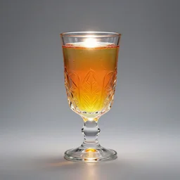 colorful drink in intricately shaped glass, lit with a strong light source