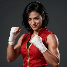 a portrait a woman in her 2 0 s, attractive, muscular, wearing red sleeveless vest with gold lining, smirking, white bandages on fists, black hair, short - medium length hair, serious, style by donato giancola, wayne reynolds, jeff easley dramatic light, high detail, cinematic lighting, artstation, dungeons and dragons