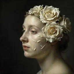 a womans face in profile made of roses and ivory in the style of the dutch masters and gregory crewdson dark and moody