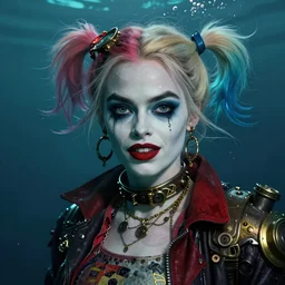underwater steampunk pirate portrait of emma stone as harley quinn, pretty face, hyper detailed, digital art, cinematic lighting, studio quality, smooth render, unreal engine 5, octane rendered, art style by klimt and nixeu and ian sprigger and krenz cushart.